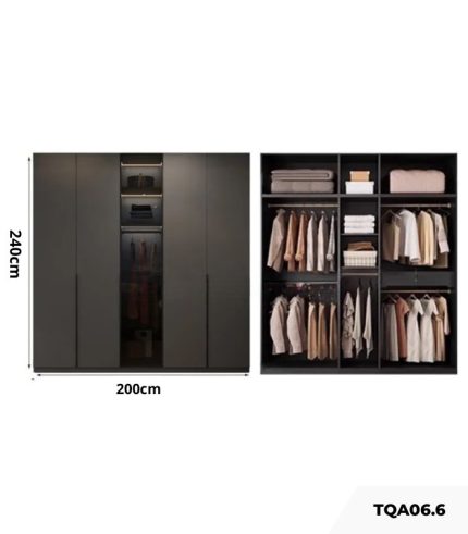 Tủ quần áo Cánh Mở Gỗ kết hợp Khung nhôm Kính màu 200x240 TQA06.6 - Graphite