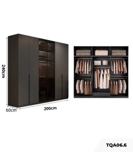 Tủ quần áo Cánh Mở Gỗ kết hợp Khung nhôm Kính màu 200x240 TQA06.6 - Graphite