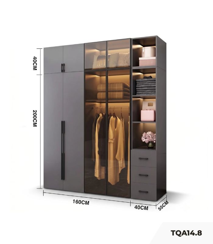 Tủ quần áo Cánh Mở Gỗ kết hợp Khung nhôm Kính màu 200x240 TQA14.8 - Graphite