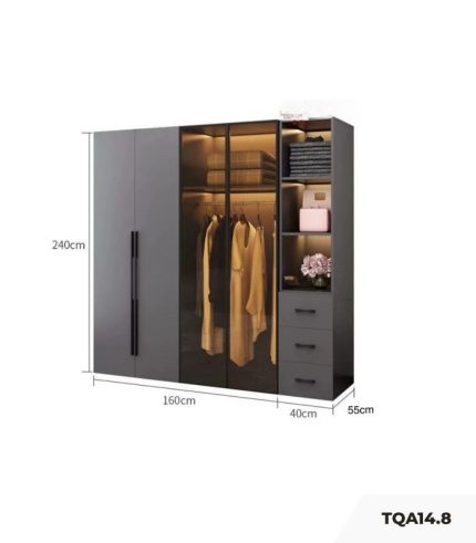 Tủ quần áo Cánh Mở Gỗ kết hợp Khung nhôm Kính màu 200x240 TQA14.8 - Graphite