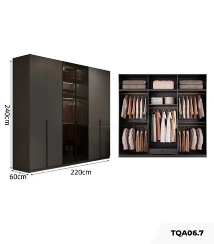 Tủ quần áo Cánh Mở Gỗ kết hợp Khung nhôm Kính màu 220x240 TQA06.7 - Graphite