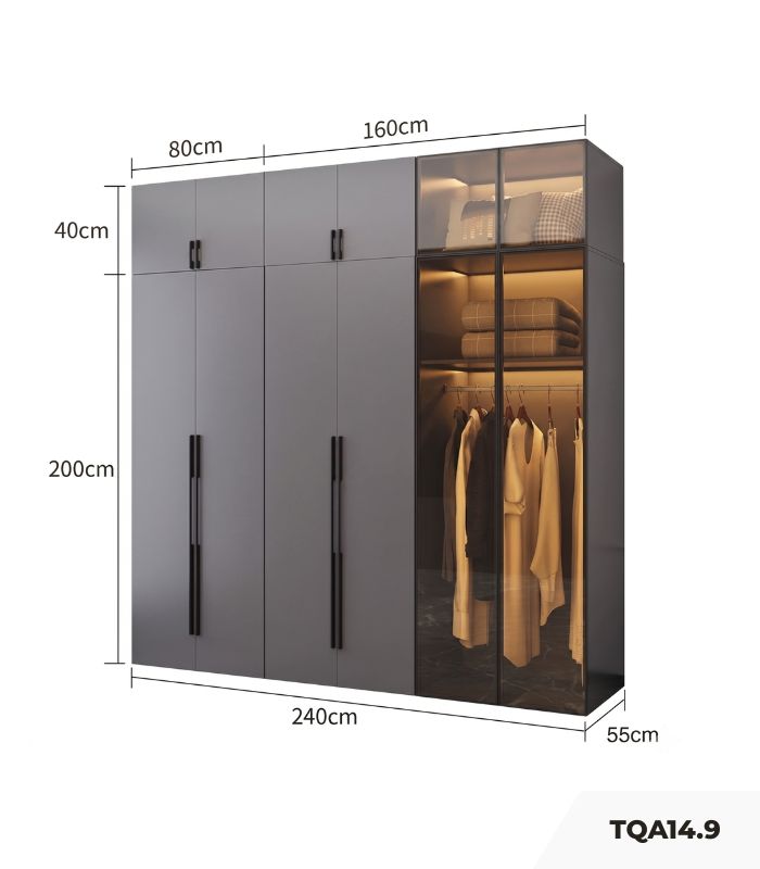 Tủ quần áo Cánh Mở Gỗ kết hợp Khung nhôm Kính màu 240x240 TQA14.9 - Graphite