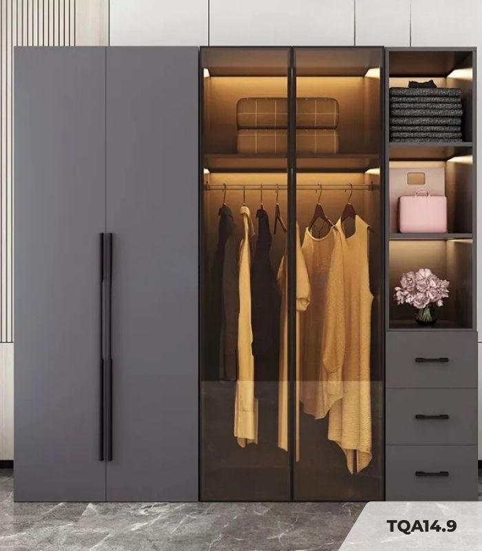 Tủ quần áo Cánh Mở Gỗ kết hợp Khung nhôm Kính màu 240x240 TQA14.9 - Graphite
