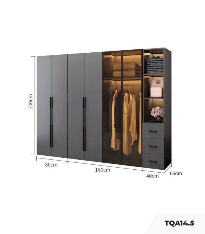 Tủ quần áo Cánh Mở Gỗ kết hợp Khung nhôm Kính màu 280x200 TQA14.5 - Graphite