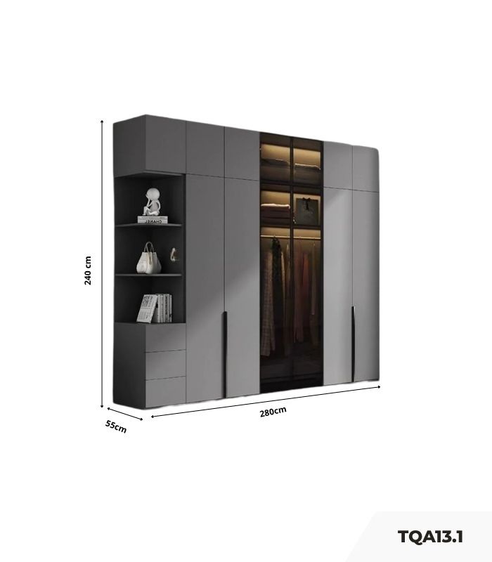 Tủ quần áo Cánh Mở Gỗ kết hợp Khung nhôm Kính màu 280x240 TQA13.1 - Graphite