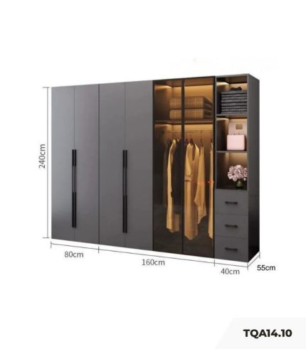 Tủ quần áo Cánh Mở Gỗ kết hợp Khung nhôm Kính màu 280x240 TQA14.10 - Graphite