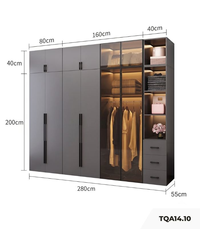 Tủ quần áo Cánh Mở Gỗ kết hợp Khung nhôm Kính màu 280x240 TQA14.10 - Graphite