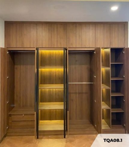Tủ quần áo Cánh Mở Gỗ kết hợp Khung nhôm Kính màu 300x260 TQA08.1 - Walnut