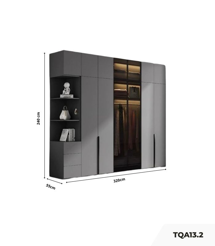 Tủ quần áo Cánh Mở Gỗ kết hợp Khung nhôm Kính màu 320x240 TQA13.2 - Graphite