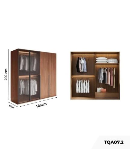 Tủ quần áo Cánh Mở Gỗ kết hợp Khung nhôm Kính sọc trong 160x200 TQA07.2 - Walnut