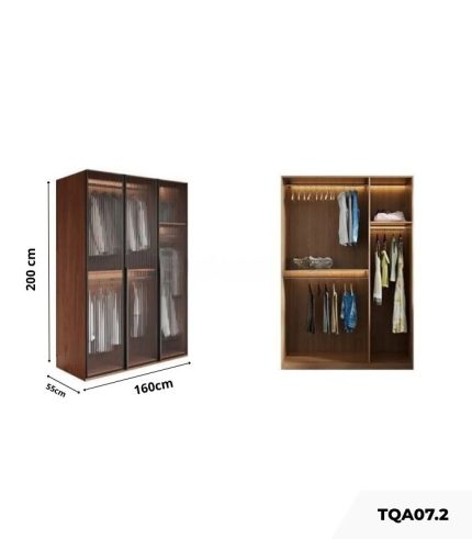 Tủ quần áo Cánh Mở Gỗ kết hợp Khung nhôm Kính sọc trong 160x200 TQA07.2 - Walnut