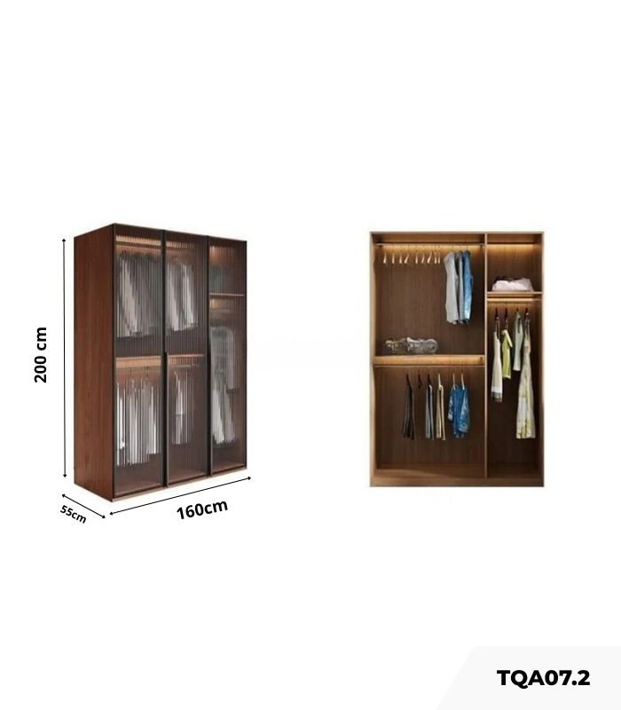 Tủ quần áo Cánh Mở Gỗ kết hợp Khung nhôm Kính sọc trong 160x200 TQA07.2 - Walnut