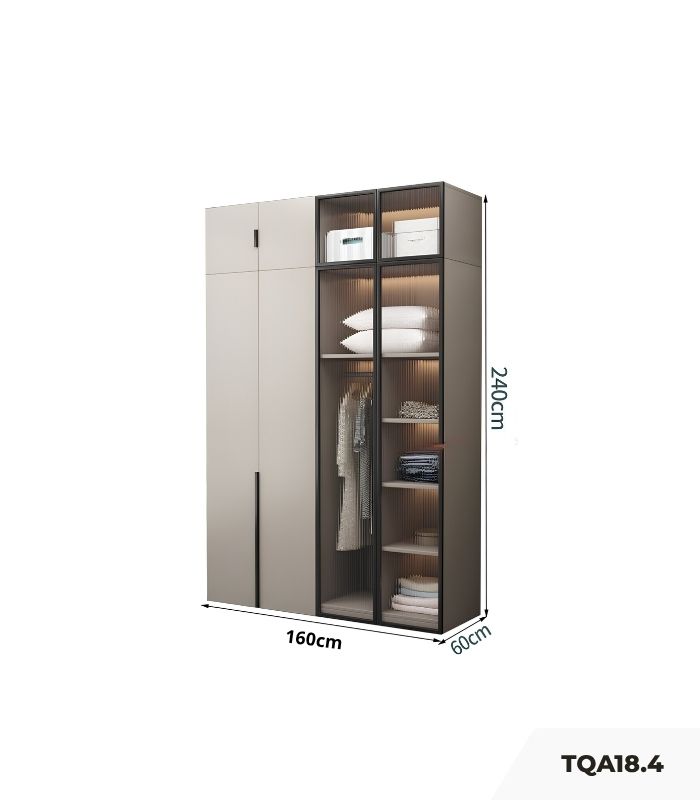 Tủ quần áo Cánh Mở Gỗ kết hợp Khung nhôm Kính sọc trong 160x240 TQA18.4 - Latte