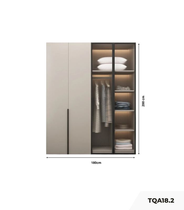 Tủ quần áo Cánh Mở Gỗ kết hợp Khung nhôm Kính sọc trong 180x200 TQA18.2 - Latte