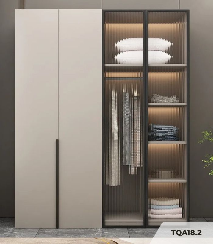 Tủ quần áo Cánh Mở Gỗ kết hợp Khung nhôm Kính sọc trong 180x200 TQA18.2 - Latte