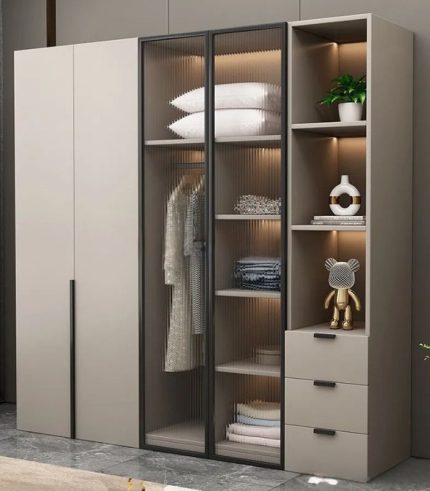 Tủ quần áo Cánh Mở Gỗ kết hợp Khung nhôm Kính sọc trong 180x200 TQA18.2 - Latte