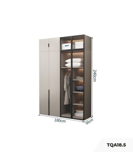 Tủ quần áo Cánh Mở Gỗ kết hợp Khung nhôm Kính sọc trong 180x240 TQA18.5 - Latte