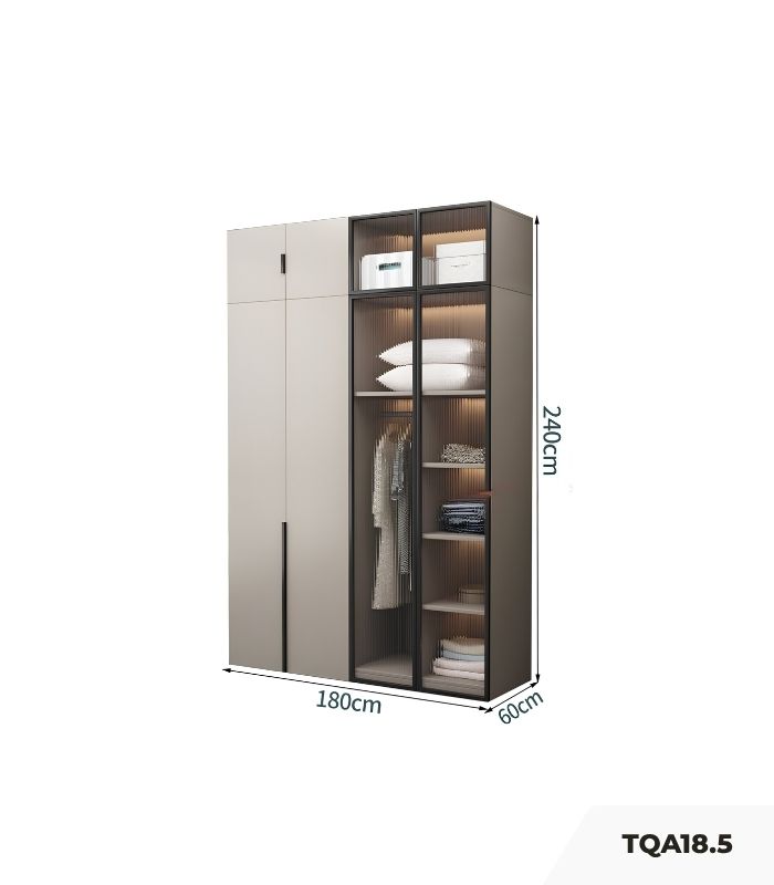 Tủ quần áo Cánh Mở Gỗ kết hợp Khung nhôm Kính sọc trong 180x240 TQA18.5 - Latte