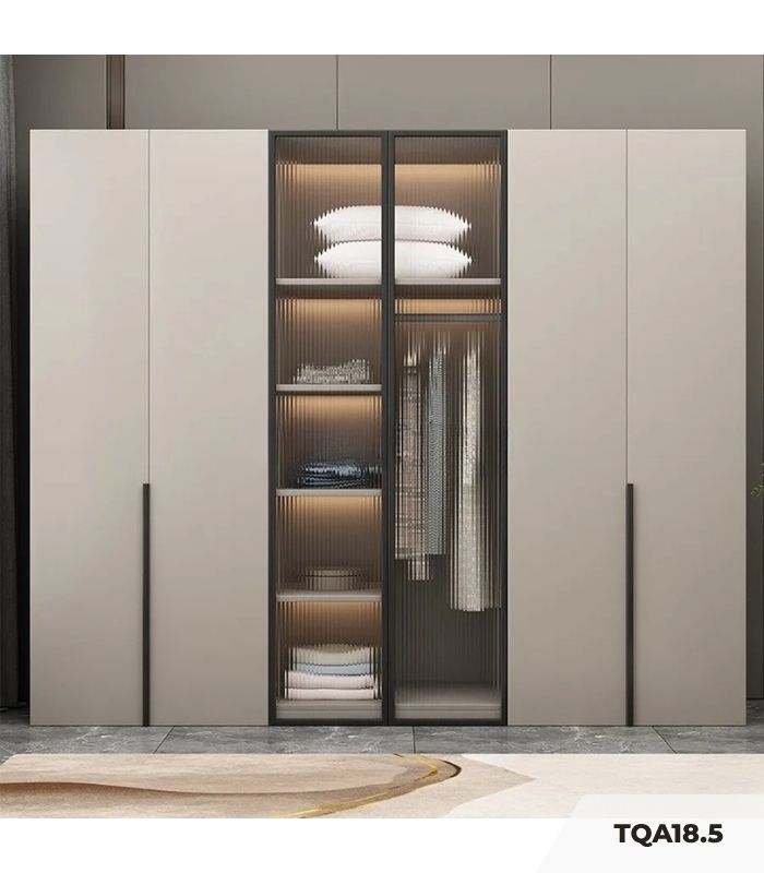 Tủ quần áo Cánh Mở Gỗ kết hợp Khung nhôm Kính sọc trong 180x240 TQA18.5 - Latte