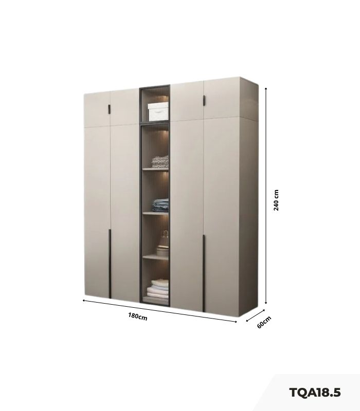 Tủ quần áo Cánh Mở Gỗ kết hợp Khung nhôm Kính sọc trong 180x240 TQA18.5 - Latte
