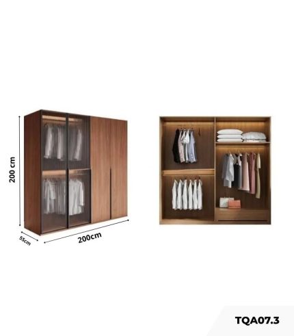 Tủ quần áo Cánh Mở Gỗ kết hợp Khung nhôm Kính sọc trong 200x200 TQA07.3 - Walnut