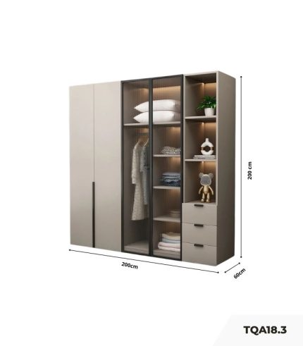 Tủ quần áo Cánh Mở Gỗ kết hợp Khung nhôm Kính sọc trong 200x200 TQA18.3 - Latte