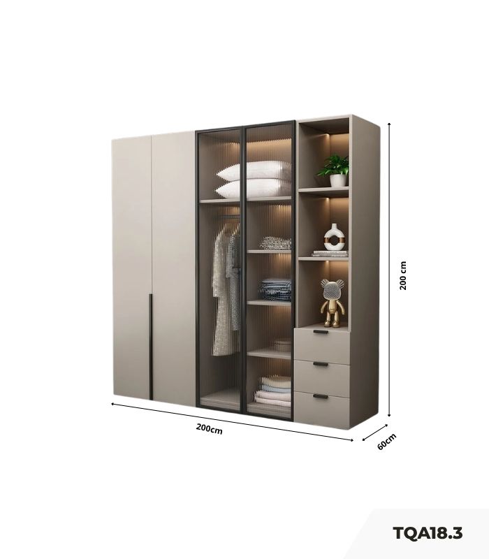 Tủ quần áo Cánh Mở Gỗ kết hợp Khung nhôm Kính sọc trong 200x200 TQA18.3 - Latte