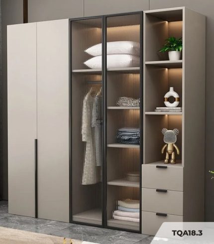 Tủ quần áo Cánh Mở Gỗ kết hợp Khung nhôm Kính sọc trong 200x200 TQA18.3 - Latte