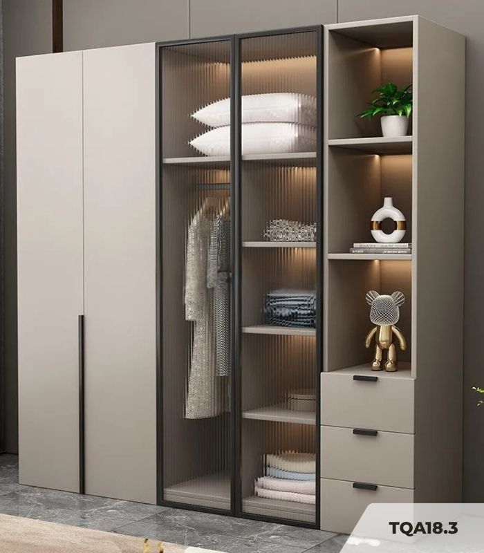 Tủ quần áo Cánh Mở Gỗ kết hợp Khung nhôm Kính sọc trong 200x200 TQA18.3 - Latte