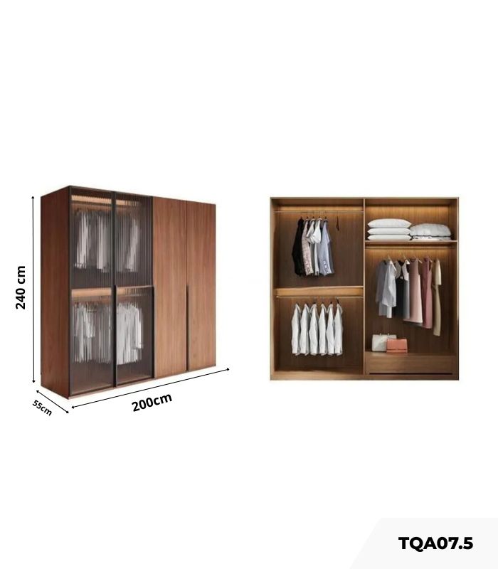 Tủ quần áo Cánh Mở Gỗ kết hợp Khung nhôm Kính sọc trong 200x240 TQA07.5 - Walnut