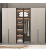 Tủ quần áo Cánh Mở Gỗ kết hợp Khung nhôm Kính sọc trong 220x240 TQA18.7 - Latte