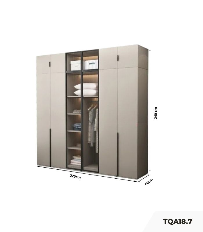 Tủ quần áo Cánh Mở Gỗ kết hợp Khung nhôm Kính sọc trong 220x240 TQA18.7 - Latte