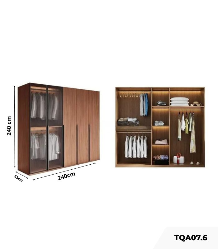 Tủ quần áo Cánh Mở Gỗ kết hợp Khung nhôm Kính sọc trong 240x240 TQA07.6 - Walnut