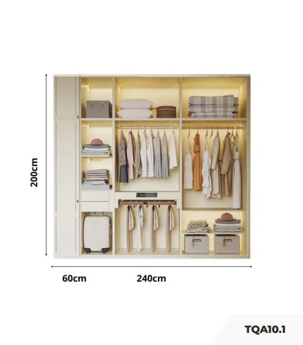 Tủ quần áo Cánh Mở Gỗ kết hợp Khung nhôm Kính sọc trong 240x240 TQA10.1 - Trắng