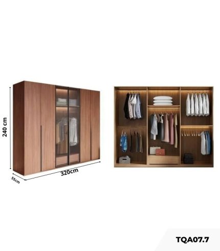 Tủ quần áo Cánh Mở Gỗ kết hợp Khung nhôm Kính sọc trong 320x240 TQA07.7 - Walnut