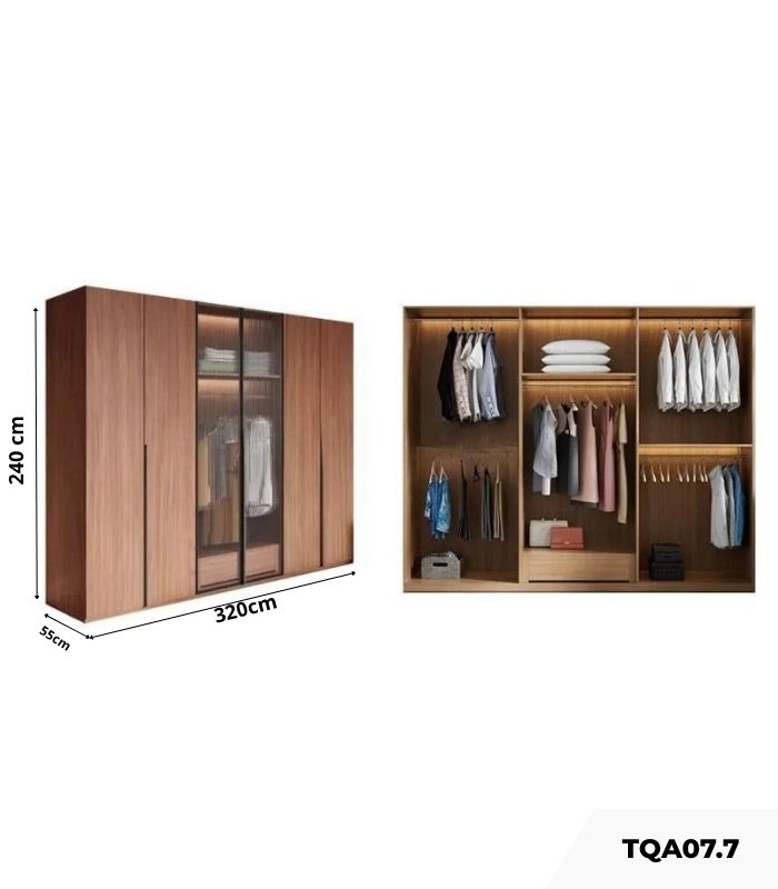 Tủ quần áo Cánh Mở Gỗ kết hợp Khung nhôm Kính sọc trong 320x240 TQA07.7 - Walnut