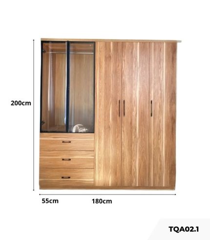 Tủ quần áo Cánh Mở Gỗ kết hợp Khung nhôm Kính trong 180x200 TQA02.1 - Walnut
