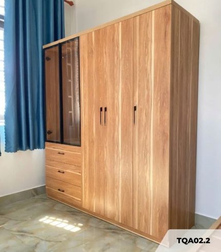 Tủ quần áo Cánh Mở Gỗ kết hợp Khung nhôm Kính trong 200x200 TQA02.2 - Walnut