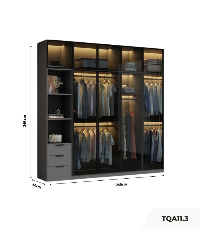 Tủ quần áo Cánh Mở Khung nhôm Kính màu 240x240 TQA11.3 - Graphite