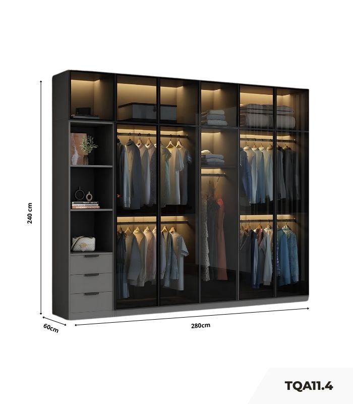 Tủ quần áo Cánh Mở Khung nhôm Kính màu 280x240 TQA11.4 - Graphite