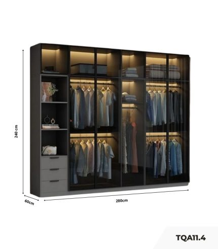 Tủ quần áo Cánh Mở Khung nhôm Kính màu 280x240 TQA11.4 - Graphite