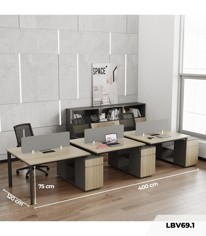 Cụm bàn làm việc 6 người LBV69.1 400x120 - Vân gỗ nhạt