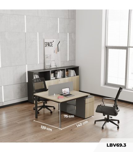 Cụm bàn làm việc 2 người LBV69.3 140x120 - Vân gỗ nhạt