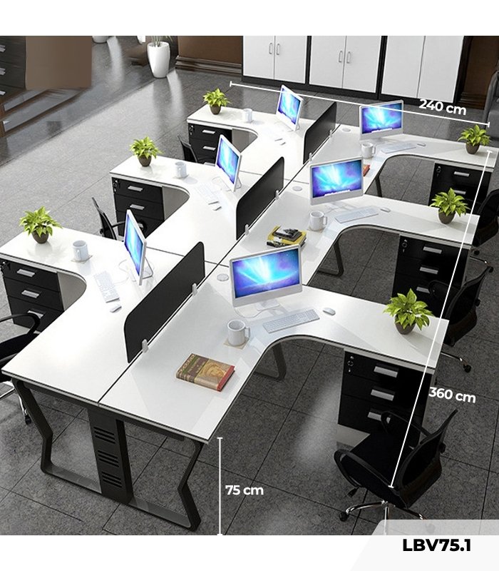 Cụm bàn làm việc 6 người LBV75.1 360x240 - Trắng Khung đen