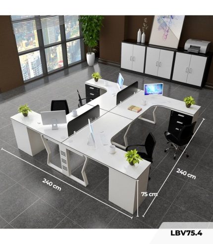 Cụm bàn làm việc 4 người LBV75.4 240x240 - Trắng Khung trắng