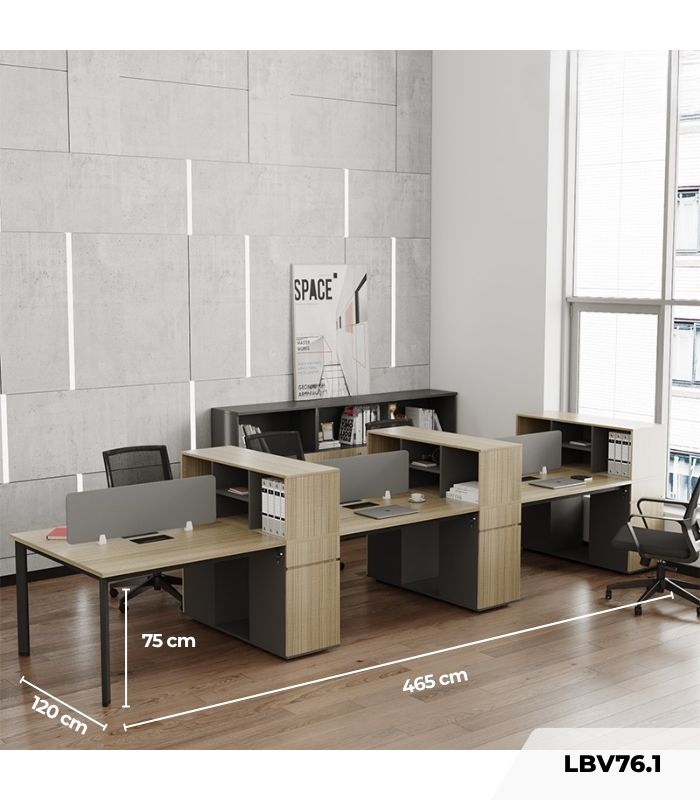 Cụm bàn làm việc 6 người LBV76.1 465x120 - Vân gỗ đậm