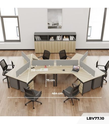 Cụm bàn làm việc 6 người LBV77.10 464x268 - Mặt bàn vân gỗ - Khung đen