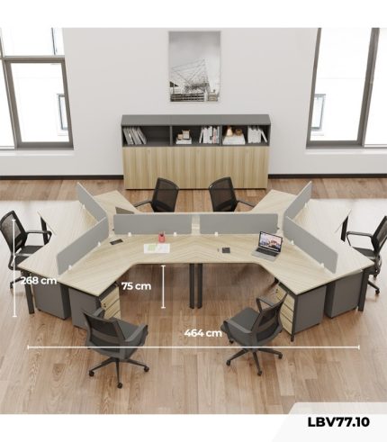 Cụm bàn làm việc 6 người LBV77.10 464x268 - Mặt bàn vân gỗ - Khung đen