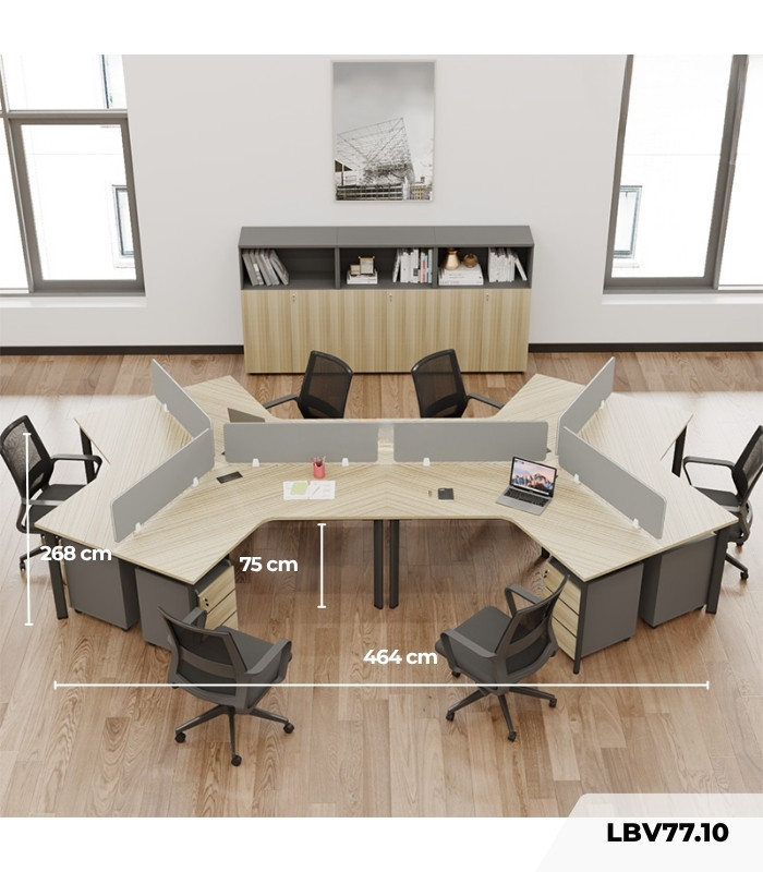 Cụm bàn làm việc 6 người LBV77.10 464x268 - Mặt bàn vân gỗ - Khung đen