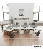 Cụm bàn làm việc 6+1 người LBV77.13 464x268 - Mặt bàn trắng - Khung trắng - Tủ vân gỗ